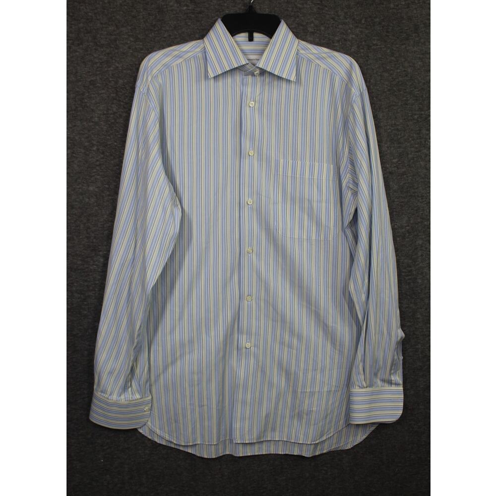 Ermenegildo Zegna Dress Shirt 15.5 39 Blue Yellow Striped Long Sleeve Button Up